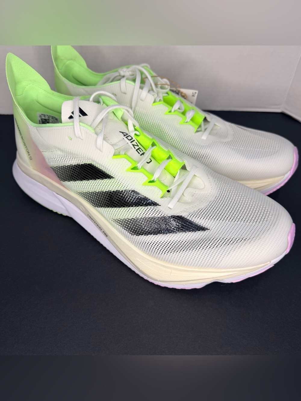 Adidas Adizero Boston 12 Running Shoes White Green Spark IG3321 Men’s Size 11.5